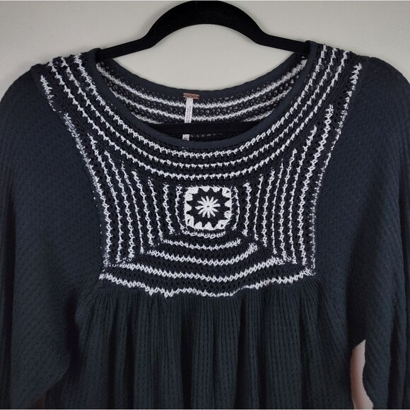 Free People Soul Mate Crochet Black Combo Waffle Knit Long Sleeve Top - Picture 7 of 12